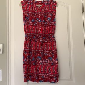Loft Petite Sleeveless Drawstring Waist Dress Red Blue Graphic Print PXS